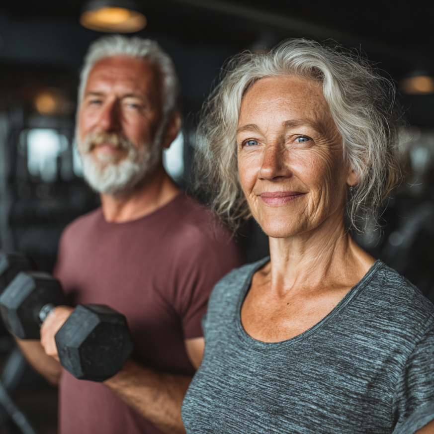 Здрави възрастни хора се упражняват навън